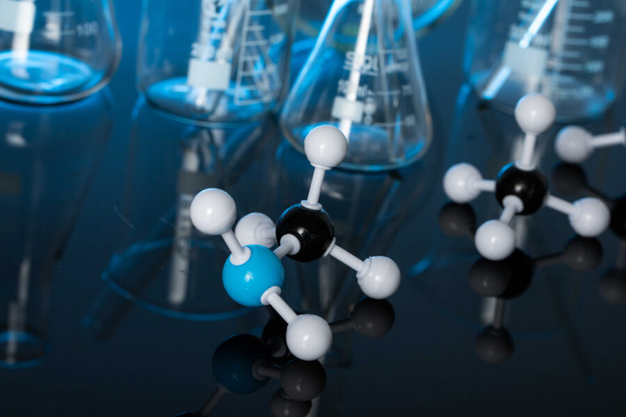 A closeup shot of molecular structures on a lab table